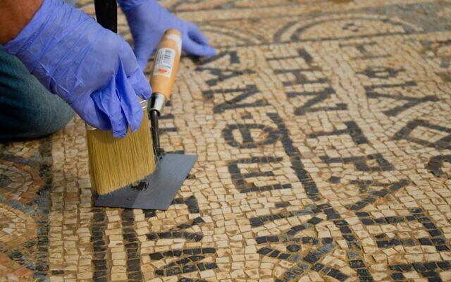 Close-up of the ‘Jesus’ mosaic excavated at a prison in Megiddo in northern Israel, part of a structure from the third or fourth century that may be one of the earliest Christian churches. (Yoli Schwartz/IAA)