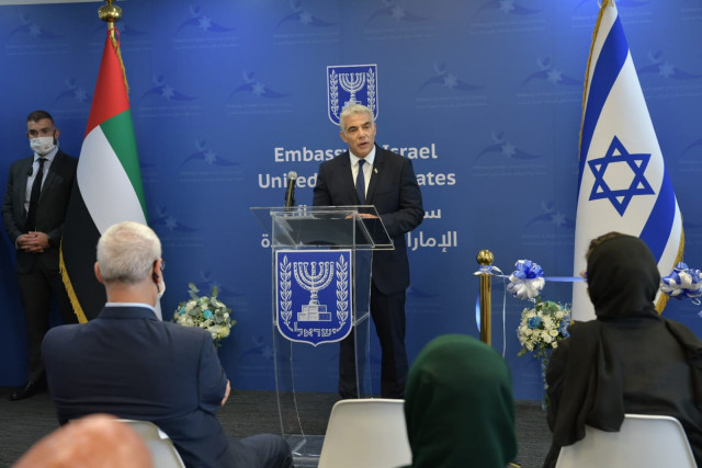 FM Yair Lapid at the inauguration of the Israeli Embassy in the UAE, June 29, 2021 (Photo: Israeli Ministry of Foreign Affairs)