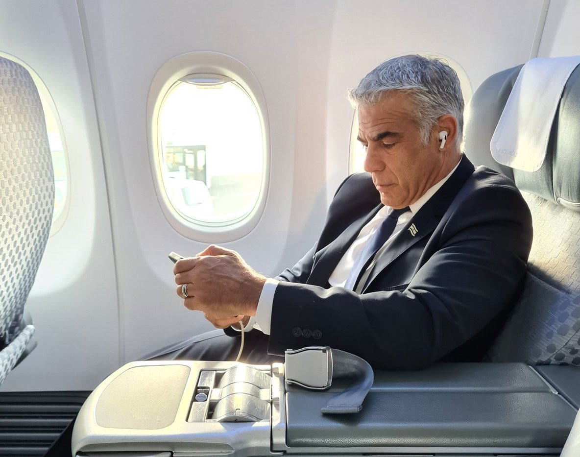 FM Yair Lapid on his way to the UAE (Photo: Yair Lapid's Twitter feed)