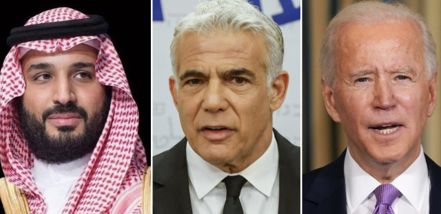 Saudi Crown Prince Mohammed bin Salman (Photo: Facebook), Israeli Prime Minister Yair Lapid (Photo: Olivier Fitoussi/Flash90), US President Joe Biden (Photo: Shutterstock)