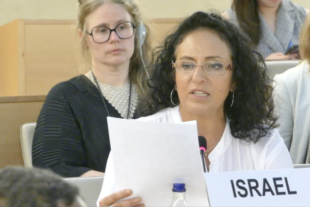 Meirav Leshem Gonen speaking at a session of the UN Human Rights Council, June 19, 2024 (Photo: Screenshot)