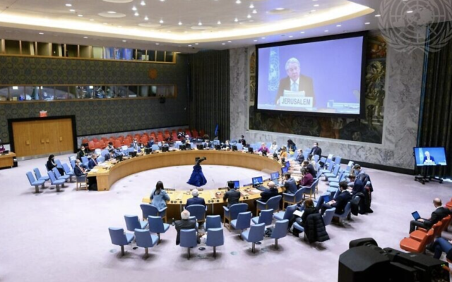 United Nations Security Council meets on the situation in the Middle East, including the Palestinian question. On the screen is Tor Wennesland, special coordinator for the Middle East peace process. (Photo: UN Photo/Loey Felipe)