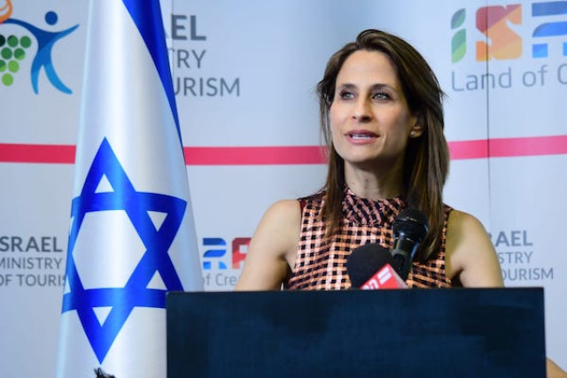 Tourism Minister Orit Farkash-Hacohen holds a press conference in Tel Aviv. (Rafi Ben Hakon/GPO)