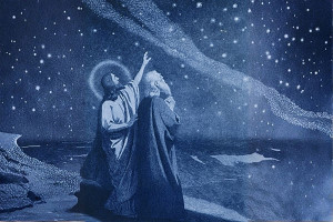 Antique lithograph depicting the promise to Abraham, with a representation of Jesus in the scene. Copyright (c) 2007 Renata Sedmakova/Shutterstock.