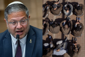 Hamas terrorists seen in a prison courtyard in southern Israel. National Security Minister Itamar Ben Gvir. Photos: Chaim Goldberg/Flash90