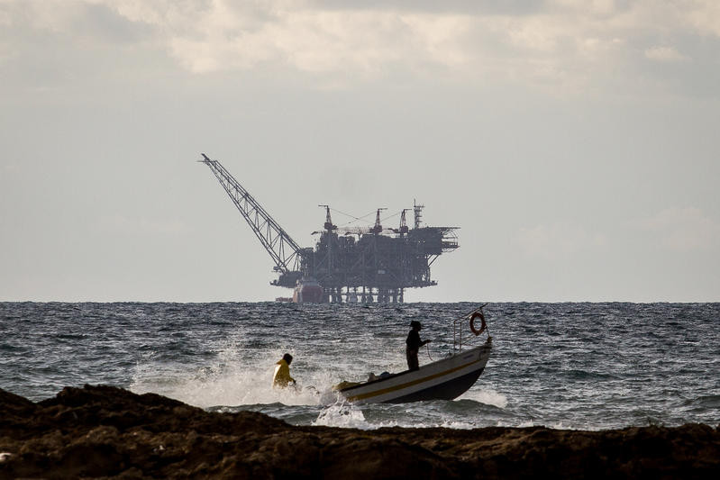 View of the Israeli Leviathan gas field gas processing rig as it seen from Dor Habonim Beach Nature Reserve, on January 1, 2020. Photo by Flash90