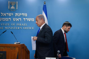 Israeli prime minister Benjamin Netanyahu gives a press conference with Minister of Finance Bezalel Smotrich at the Prime Minister's office in Jerusalem, on January 11, 2023. Photo by Olivier Fitoussi/Flash90