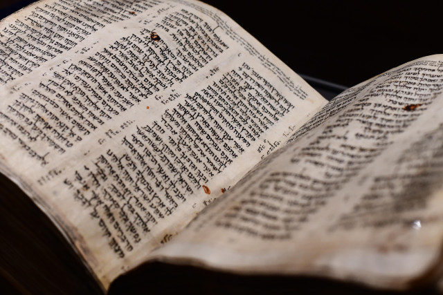 View of an early 10th century Hebrew Bible "Codex Sassoon", the earliest copy known, at the ANU Museum of the Jewish People in Tel Aviv, March 22, 2023. Photo by Tomer Neuberg/Flash90