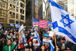 Demonstrators gather during a protest for the release of Israeli hostages held by Hamas terrorists in Gaza, outside of United Nations headquarters in New York City, on January 12, 2024. Photo by Arie Leib Abrams/Flash90