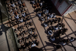 Hamas terrorists who were caught during the October 7th massacre and during the IDF operation in the Gaza Strip, seen at a courtyard in a prison in southern Israel, February 14, 2024. Photo by Chaim Goldberg/Flash90