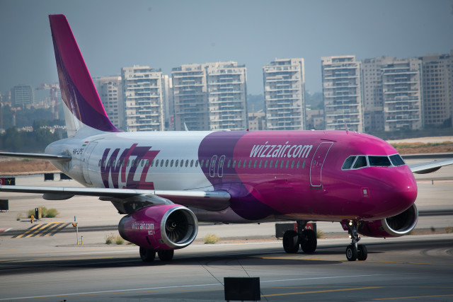 A Wizz Air flight takes off from Ben Gurion International Airport. Photo by Moshe Shai/FLASH90