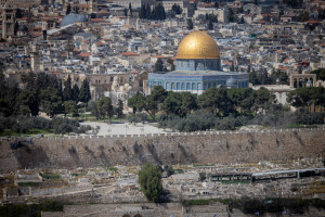 View of the Dome of the Rock and the Temple Mount in Jerusalem's Old City, as it seen from the Mount of Olives observatory, on March 12, 2024. Photo by Chaim Goldberg/Flash90