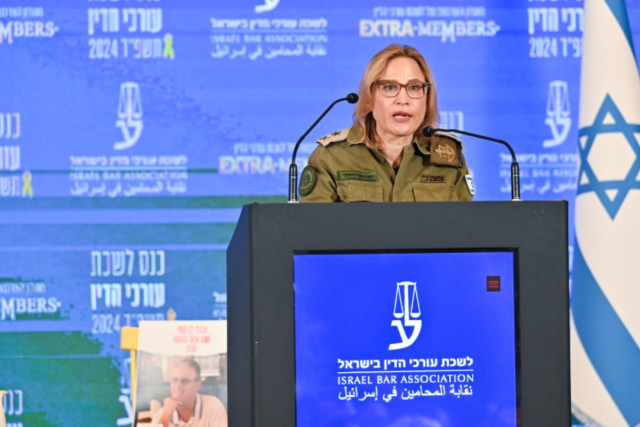 Chief Military Advocate Yifat Tomer-Yerushalmi speaks at the Israel Bar Association annual conference of attorneys in Eilat in southern Israel, on May 27, 2024 (Photo: Flash 90).
