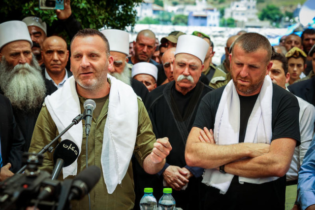 Family and friends of Israeli soldier Major Jalaa Ibrahem attend his funeral service in the Druze village of Sajur, on July 8, 2024, he was killed during a ground operation in the Gaza Strip. Photo by David Cohen/Flash90