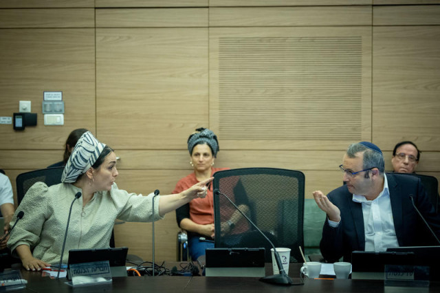 MK Limor Son Har-Melech and MK Gilad Kariv attend Constitution, Law and Justice Committee meeting in the Israeli Parliament in Jerusalem, on August 7, 2024. Photo by Yonatan Sindel/Flash90