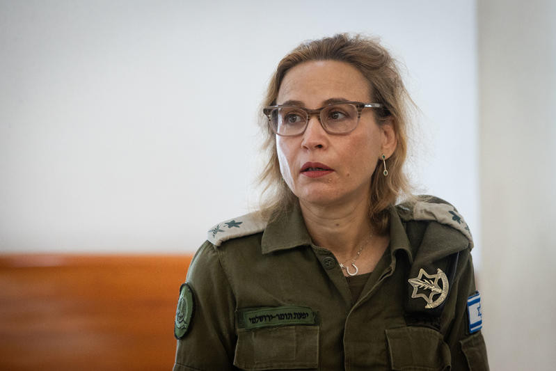 Chief Military Advocate Yifat Tomer-Yerushalmi at a farewell ceremony for retiring acting Supreme Court President Uzi Vogelman, at the Supreme Court in Jerusalem on October 1, 2024. Photo by Oren Ben Hakoon/POOL