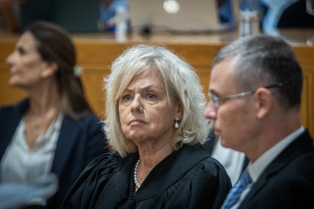 Israeli attorney general Gali Baharav Miara and Minister of Justice Yariv Levin at a farewell ceremony for retiring acting Supreme Court President Uzi Vogelman, at the Supreme Court in Jerusalem on October 1, 2024. Photo by Oren Ben Hakoon/POOL