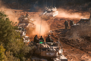 Israeli soldiers from the Golani Brigade and Armored Corps operating in Ayta ash Shab, in southern Lebanon, during Israeli military operations in southern Lebanon, October 21, 2024. Photo by Ayal Margolin/Flash90