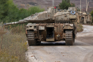 An Israeli tank near the Israeli border with Lebanon, on November 18, 2024. Photo by Ayal Margolini/Flash90