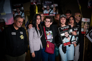 Relatives of Israelis held hostage by Hamas terrorists in Gaza hold a press conference in Tel Aviv on December 7, 2024. Photo by Avshalom