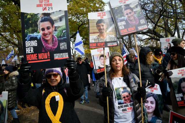 A protest march organized by the Hostages and Missing Families Forum, calling for the release of the Israeli hostages held by Hamas terrorist in Gaza, seen marching through Central Park in New York City, USA. December 15, 2024. Photo by Israel Hadari/Flash90