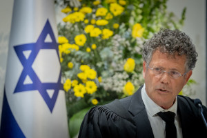 Head of Supreme Court Amit Yitzhak attends an event at the presidenct's residence in Jerusalem on April 10, 2025. Photo by Chaim Goldberg/Flash90