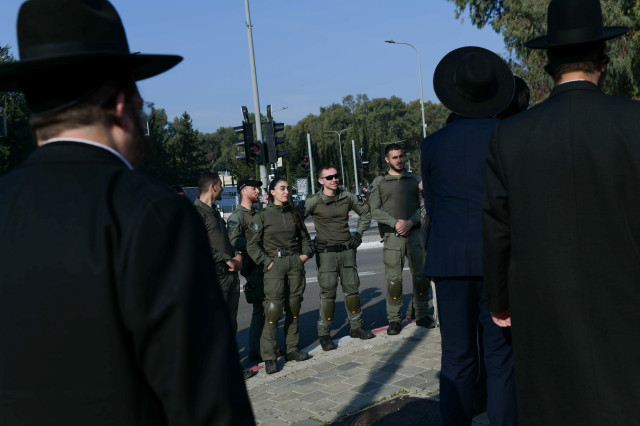 Ultra orthodox Jews protest against the drafting of ultra orthodox jews to the Israeli army, outside the IDF Recruitment Center at Tel Hashomer, in central Israel, January 27, 2025 Photo by Tomer Neuberg/Flash90
