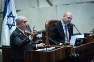 Israeli Prime Minister Benjamin Netanyahu speaks during a plenum session at the assembly hall of the Knesset, the Israeli Parliament in Jerusalem on February 10, 2025. Photo by Yonatan Sindel/Flash90
