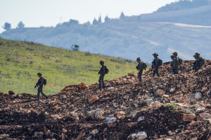 Israeli soldiers patrol near the Israeli border with Lebanon, on February 18, 2025. Photo by Ayal Margolin/Flash90