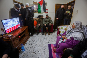 Family members of Palestinian prisoner Abdel Nasser Atallah, who was deported abroad after being released in a hostage deal between Israel and Hamas, celebrate in Balata camp, near the West Bank city of Nablus, February 22, 2025. Photo by Nasser Ishtayeh/Flash90
