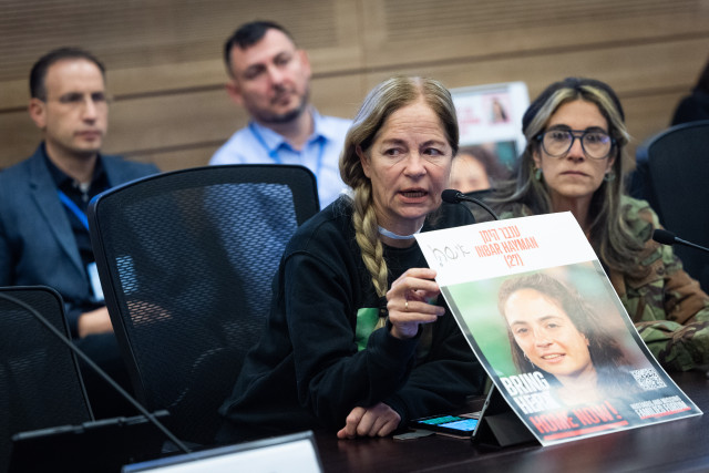 Family members of slain hostage Inbar Heyman attends a State Control Committee meeting at the Knesset, the Israeli Parliament in Jerusalem, on March 3, 2025. Photo by Chaim Goldberg/Flash90
