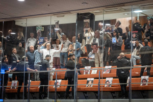 Bereaved families and survivors of the October 7th massacre react at Israeli Prime Minister Benjamin Netanyahu during a 40 signatures debate, at the plenum hall of the Knesset, the Israeli parliament in Jerusalem, on March 3, 2025. Photo by Chaim Goldberg/Flash90