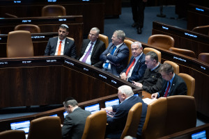 Israeli Prime Minister Benjamin Netanyahu, Ministers and MK's at a 40 signatures debate, at the plenum hall of the Knesset, the Israeli parliament in Jerusalem, on March 3, 2025. Photo by Chaim Goldberg/Flash90