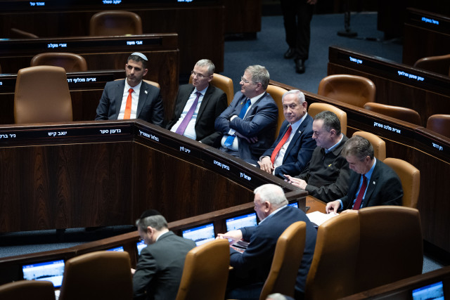 Israeli Prime Minister Benjamin Netanyahu, Ministers and MK's at a 40 signatures debate, at the plenum hall of the Knesset, the Israeli parliament in Jerusalem, on March 3, 2025. Photo by Chaim Goldberg/Flash90