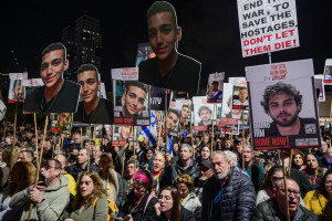 Israelis attend a rally calling for the release of Israelis held hostage by Hamas terrorists in Gaza, at "Hostage Square" in Tel Aviv, March 8, 2025. Photo by Avshalom Sassoni/Flash90