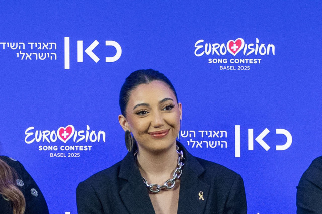 Yuval Raphael, Israel's contestant for the Eurovision Song Contest and survivor of the October 7th Massacre seen during a press conference in Tel Aviv, March 9, 2025. Photo by Yonatan Sindel/Flash90