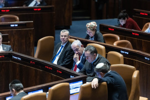 Israeli Prime Minister Benjamin Netanyahu and Ministers seen at the assembly hall of the Knesset, the Israeli parliament in Jerusalem, during a vote on a bill to remake Israel's Judicial selection committee, March 27, 2025. Photo by Chaim Goldberg/Flash90