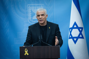 Head of opposition and head of the Yesh Atid party MK Yair Lapid leads a faction meeting at the Knesset, the Israeli parliament in Jerusalem, on March 31, 2025. Photo by Yonatan Sindel/Flash90