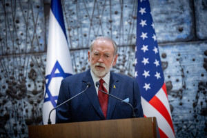 Incoming US Ambassador to Israel Mike Huckabee speaks during his swearing in ceremony of , at the President's residence in Jerusalem, April 21, 2025. Photo by Chaim Goldberg/Flash90