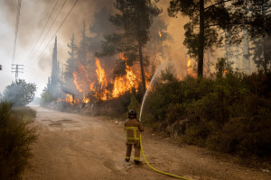 Firefighters try to extinguish a fire which broke out near moshav Eshtaol. April 23, 2025. Photo by Chaim Goldberg/ FLASH90