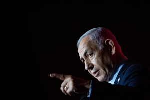 Israeli prime minister Benjamin Netanyahu speaks at the Jewish News Syndicate conference in Jerusalem, on April 27, 2025. Photo by Yonatan Sindel/Flash90