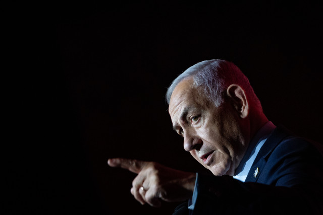 Israeli prime minister Benjamin Netanyahu speaks at the Jewish News Syndicate conference in Jerusalem, on April 27, 2025. Photo by Yonatan Sindel/Flash90