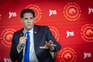 Head of the negotiations for hostages release Minister Ron Dermer speaks at the Jewish News Syndicate conference in Jerusalem, on April 28, 2025. Photo by Chaim Goldberg/Flash90