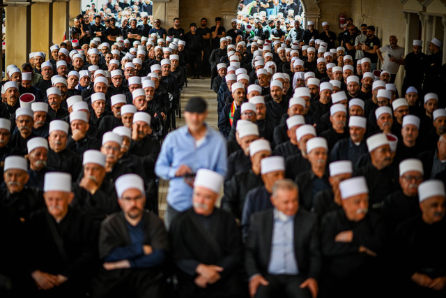 Members of the Druze community in Israel attend a ceremony in memory of Druze murdered by the Syrian government forces in Syria, in Hurfeish, northern Israel, May 3, 2025. Photo by Flash90