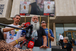 Families of Israelis held hostage speak to the press following a meeting with United States Special Envoy to the Middle East Steve Witkoff at Hostage square in Tel Aviv, May 13, 2025. Photo by Yehoshua Yosef/Flash90