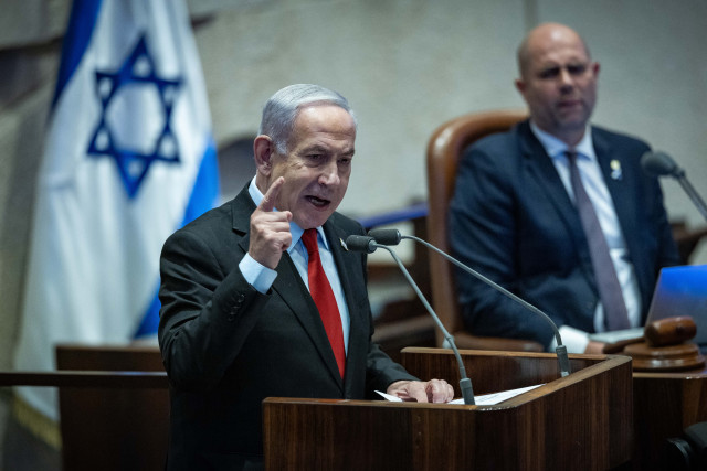 Israeli Prime Minister Benjamin Netanyahu speaks during a 40 signatures debate, at the plenum hall of the Knesset, the Israeli parliament in Jerusalem, on May 28, 2025. Photo by Yonatan Sindel/Flash90