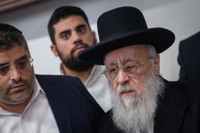 Head of Shas party Aryeh Deri and Shas spiritual leader Rabbi Yitzhak Yosef visit at the scene of suspected arson and vandalism at a Jerusalem synagogue which is often frequented by Rabbi Yosef, June 8, 2025. Photo by Yonatan Sindel/Flash90