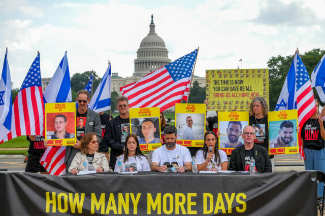 Families of Israeli hostages, returned hostages and supporters hold a press conference in front of the U.S. Capitol in Washington, D.C., urging American leaders to help bring their loved ones home from Gaza, July 23, 2025. Photo by Liri Agami/Flash90