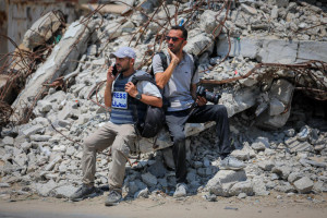 Palestinian journalists in the central Gaza Strip, July 26, 2025. (Photo by Ali Hassan/Flash90)
