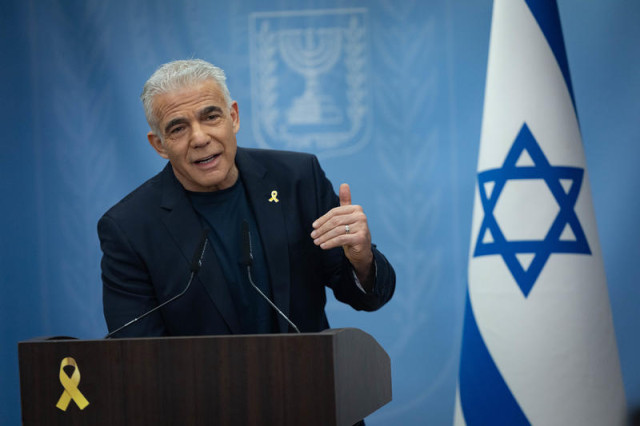 Head of opposition and head of the Yesh Atid party MK Yair Lapid leads a faction meeting at the Knesset, the Israeli parliament in Jerusalem, on August 4, 2025. Photo by Yonatan Sindel/Flash90